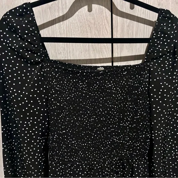 Womens Polka Dot Long Sleeve High Waist Smocked Ruffle Swing Short Dress - L - Picture 3 of 5